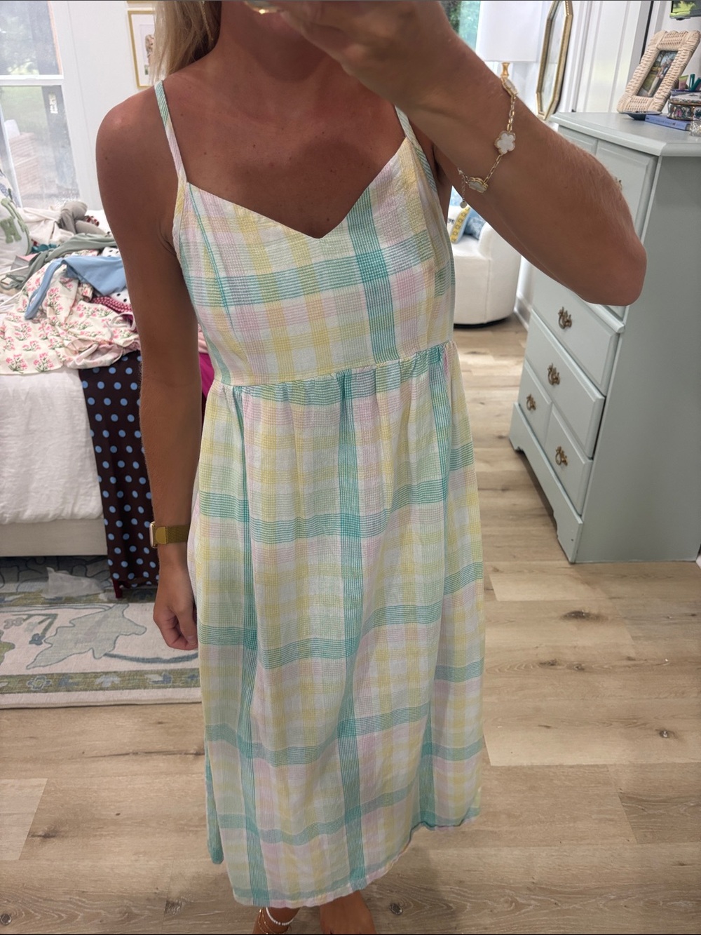 Pastel Plaid Spaghetti-Strap Midi Dress